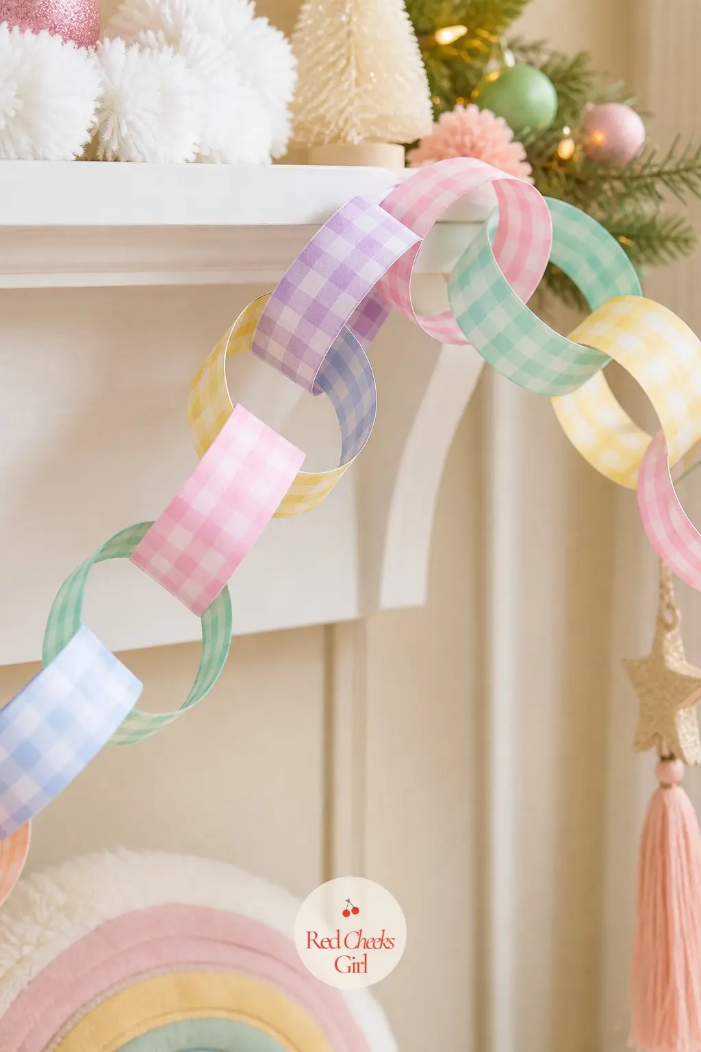 Rainbow Pastel Gingham Paper Chain — Gingham in pink, mint, lavender and soft yellow, a different pastel on each strip rather than one colour repeated. Paper