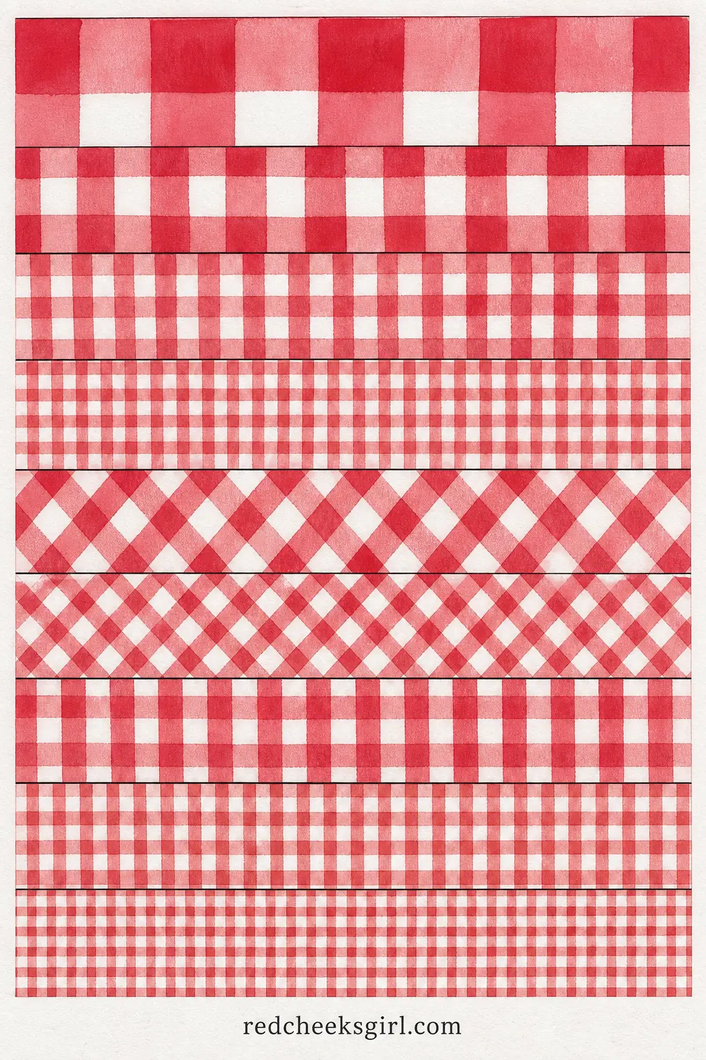 Red Gingham Paper Chain printable sheet — The warmer cousin of the mint version: red and white gingham at a slightly larger check scale, which keeps the two