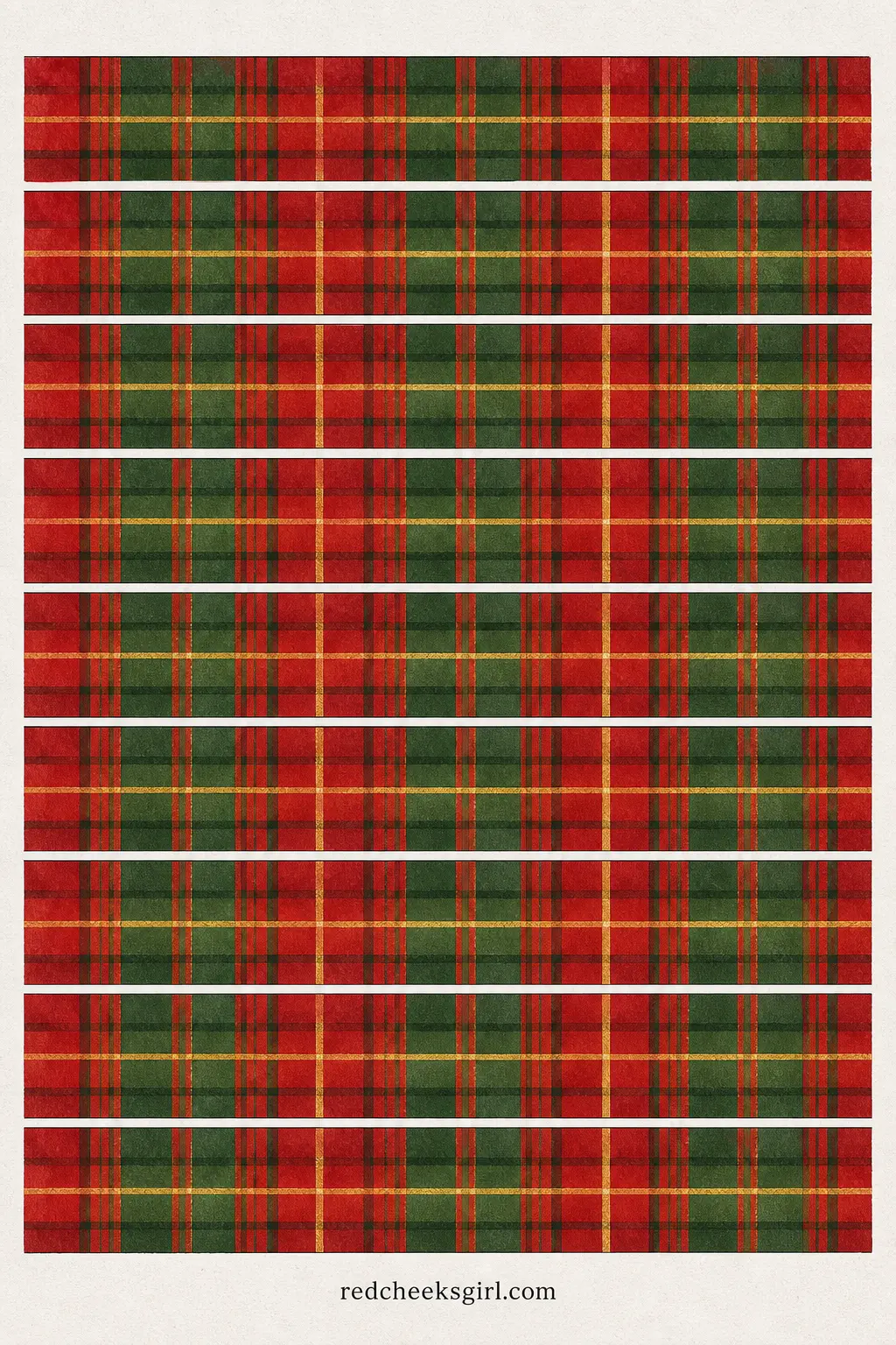 Red and Green Tartan Paper Chain printable sheet — A proper tartan plaid in red, green and a thin gold line, printed across the strips so the crossing lines of