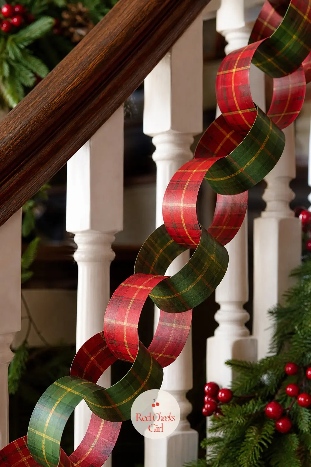 Red and Green Tartan Paper Chain — A proper tartan plaid in red, green and a thin gold line, printed across the strips so the crossing lines of the pattern