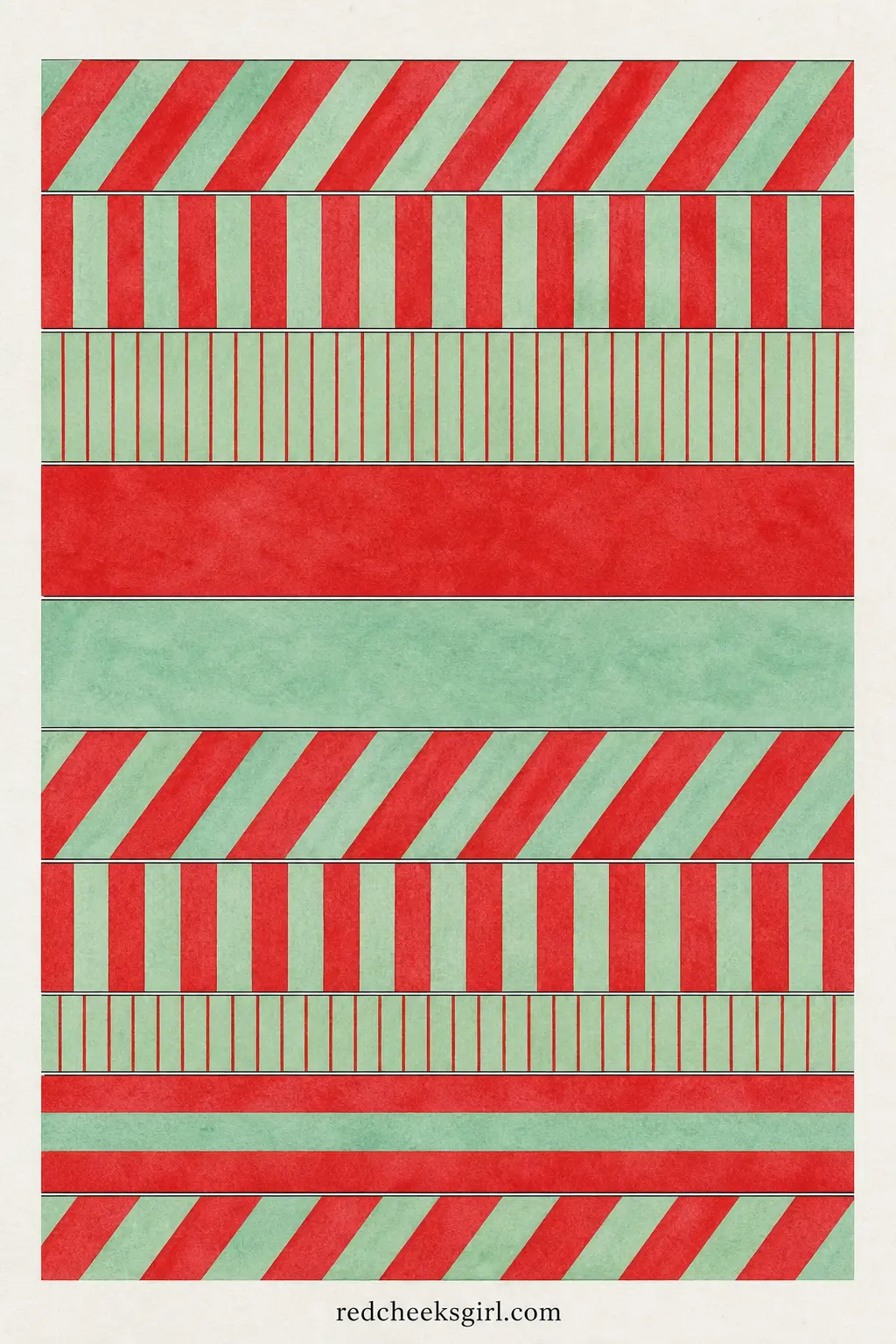 Red and Mint Candy Stripes Paper Chain printable sheet — A strip paper chain in alternating candy stripe patterns, red and mint running diagonal on some strips