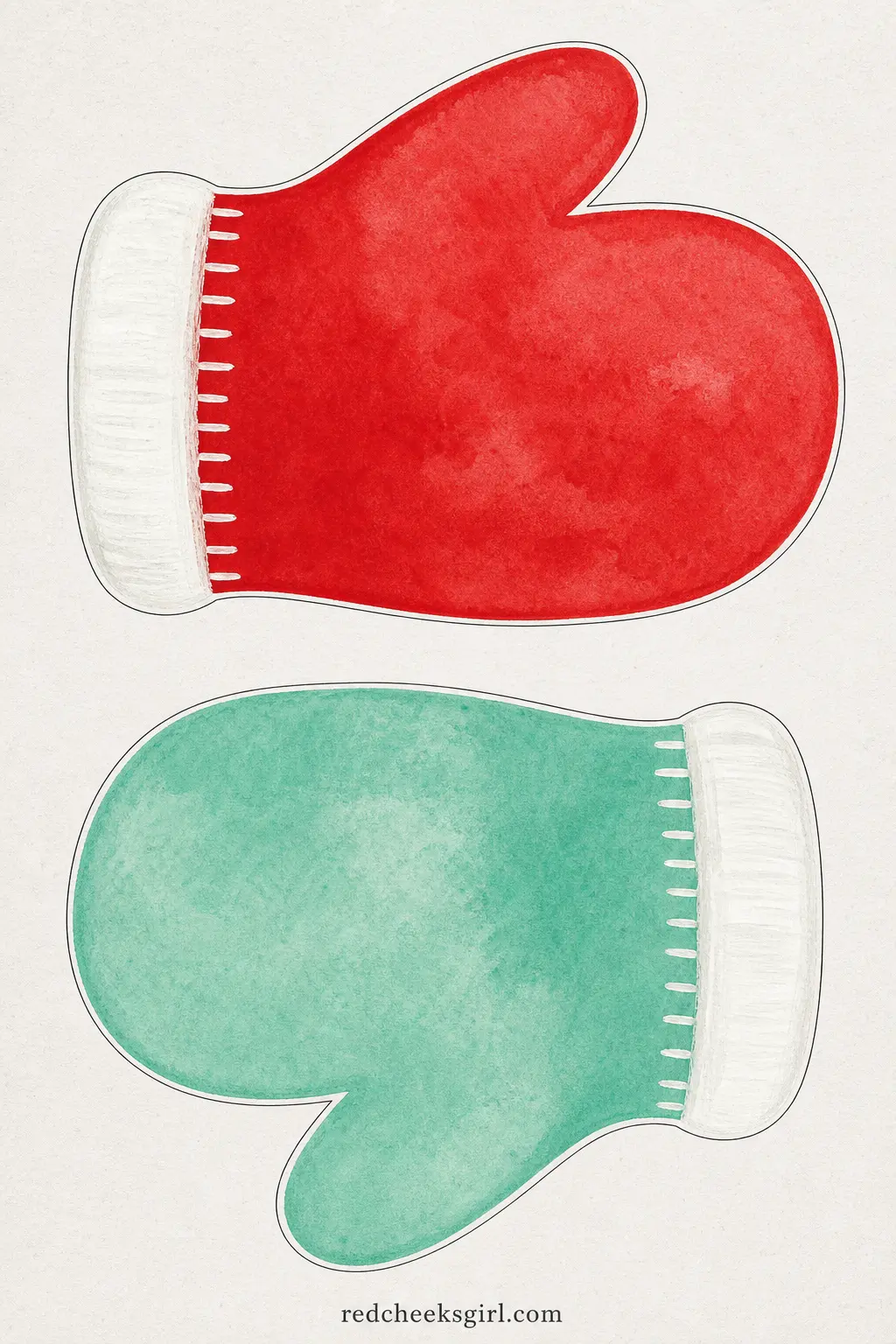 Red and Mint Mittens Paper Chain printable sheet — Mitten shapes alternating red and mint, each with a simple cuff line and a few stitch marks drawn in, strung