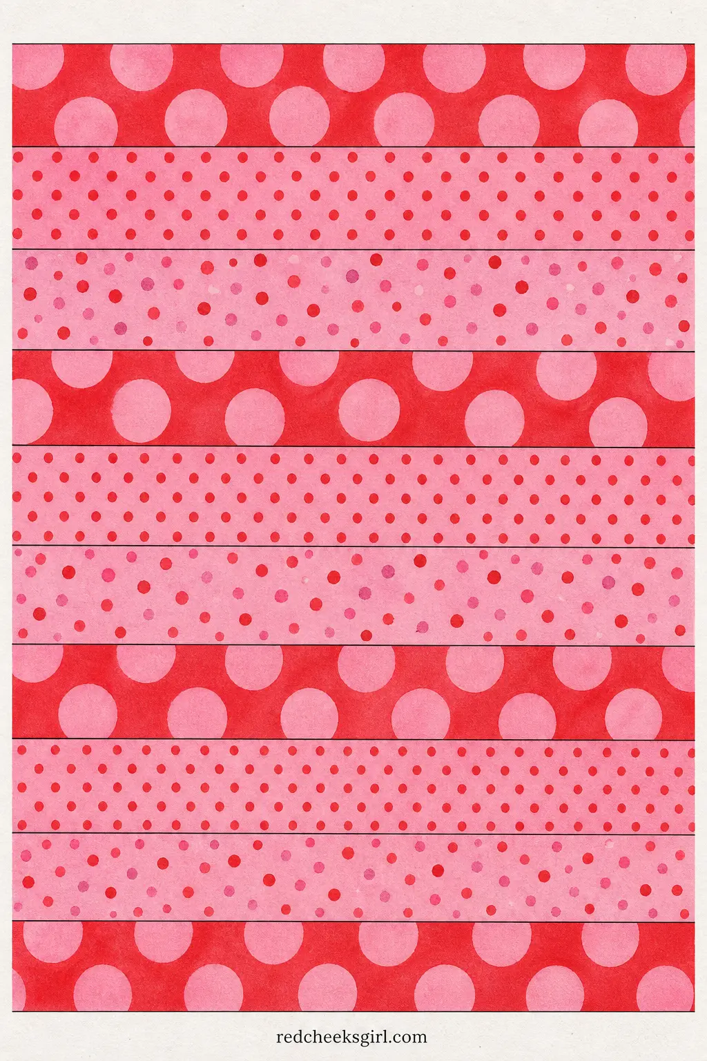 Red and Pink Polka Dots Paper Chain printable sheet — Red and pink dots in varying sizes across the strips, some strips a red ground with pink dots, others
