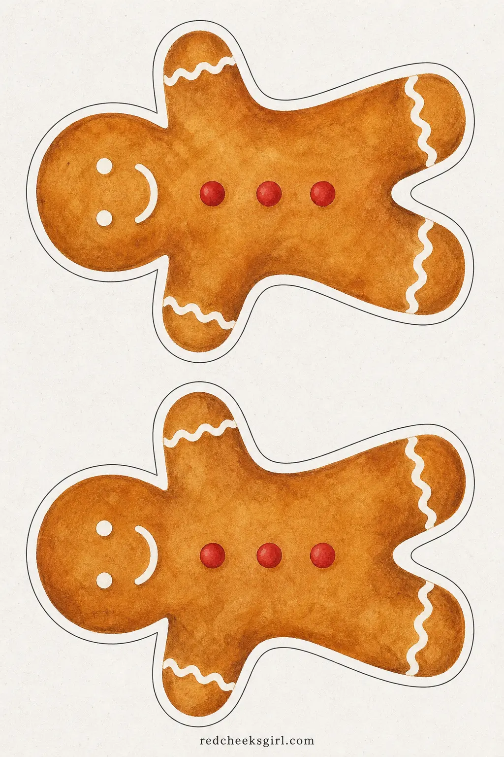 Tiny Gingerbread Men Paper Chain printable sheet — Small gingerbread man cutouts, each with a simple white icing line and a tiny red dot for buttons, threaded