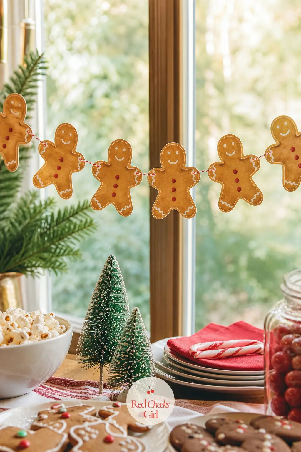 Tiny Gingerbread Men Paper Chain — Small gingerbread man cutouts, each with a simple white icing line and a tiny red dot for buttons, threaded flat along