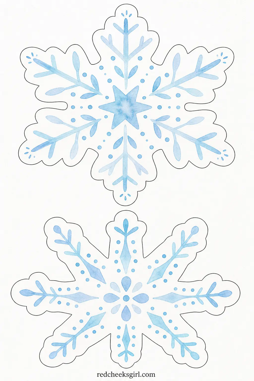 White Snowflakes on Red Paper Chain printable sheet — White snowflake shapes, each one drawn with a different icy pattern of lines and small dots so no two