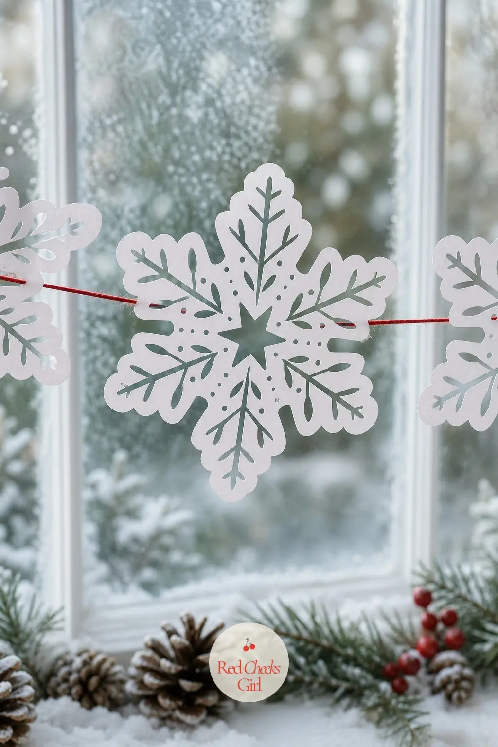 White Snowflakes on Red Paper Chain — White snowflake shapes, each one drawn with a different icy pattern of lines and small dots so no two look identical