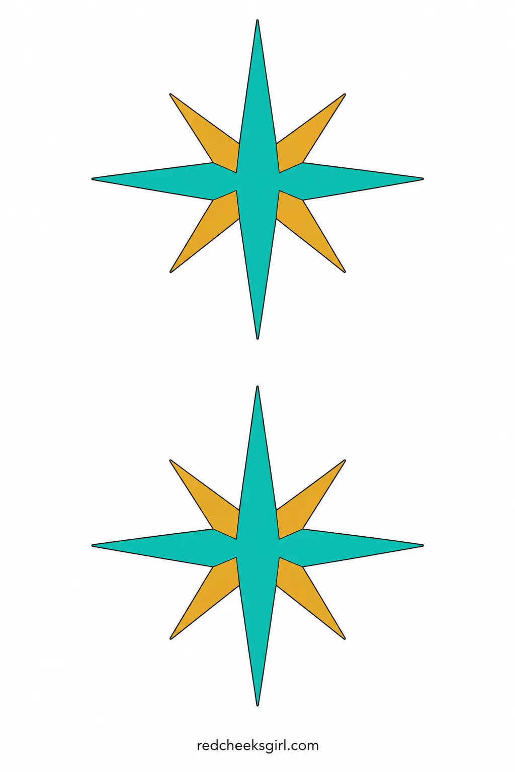 1950s Atomic Starburst printable sheet — A spiky, symmetrical starburst in turquoise and gold, the shape that ended up on everything from clocks to tablecloths