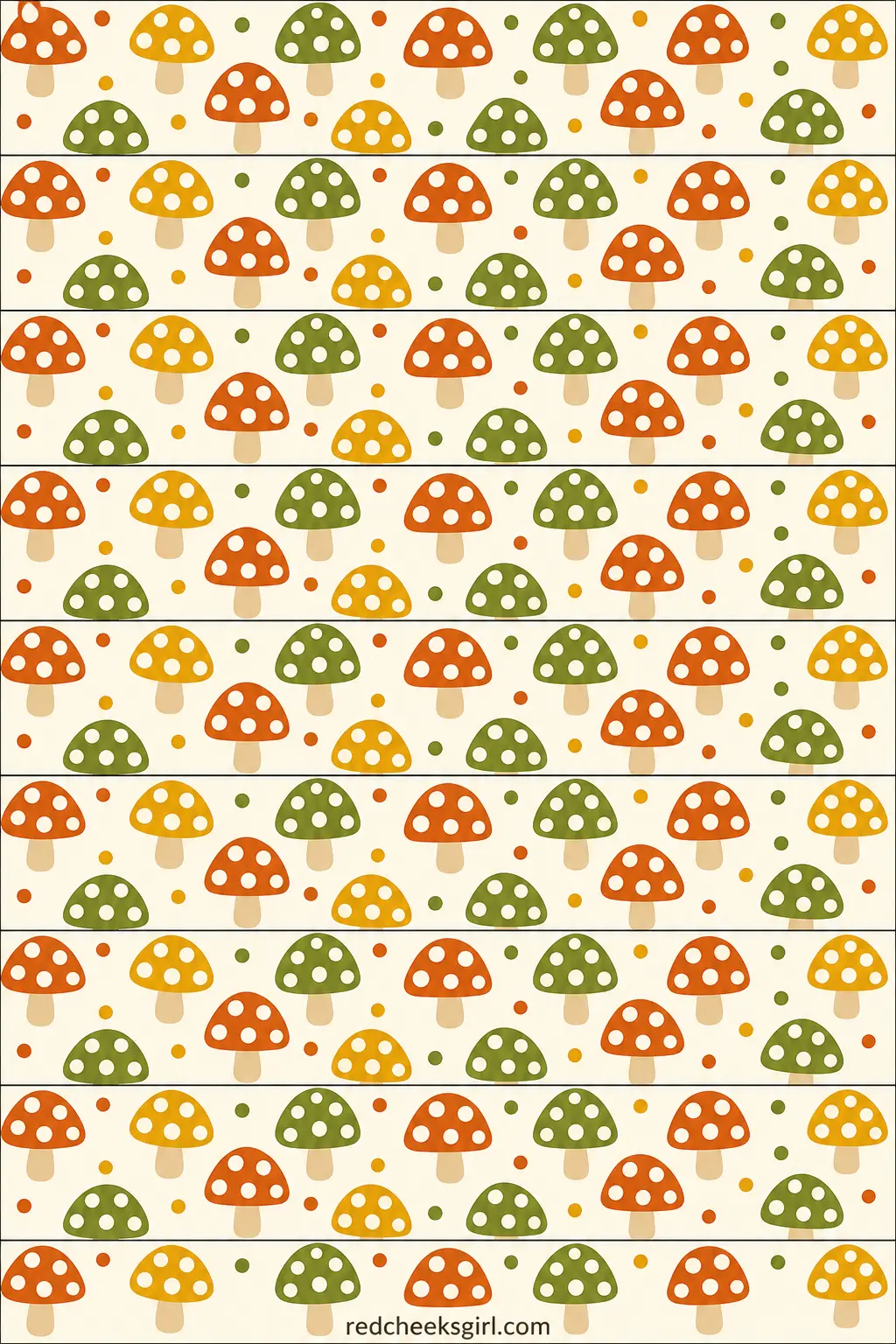 1970s Mushrooms printable sheet — Burnt orange, mustard and avocado polka-dot mushroom caps run the length of this chain, the kind of print that showed up on
