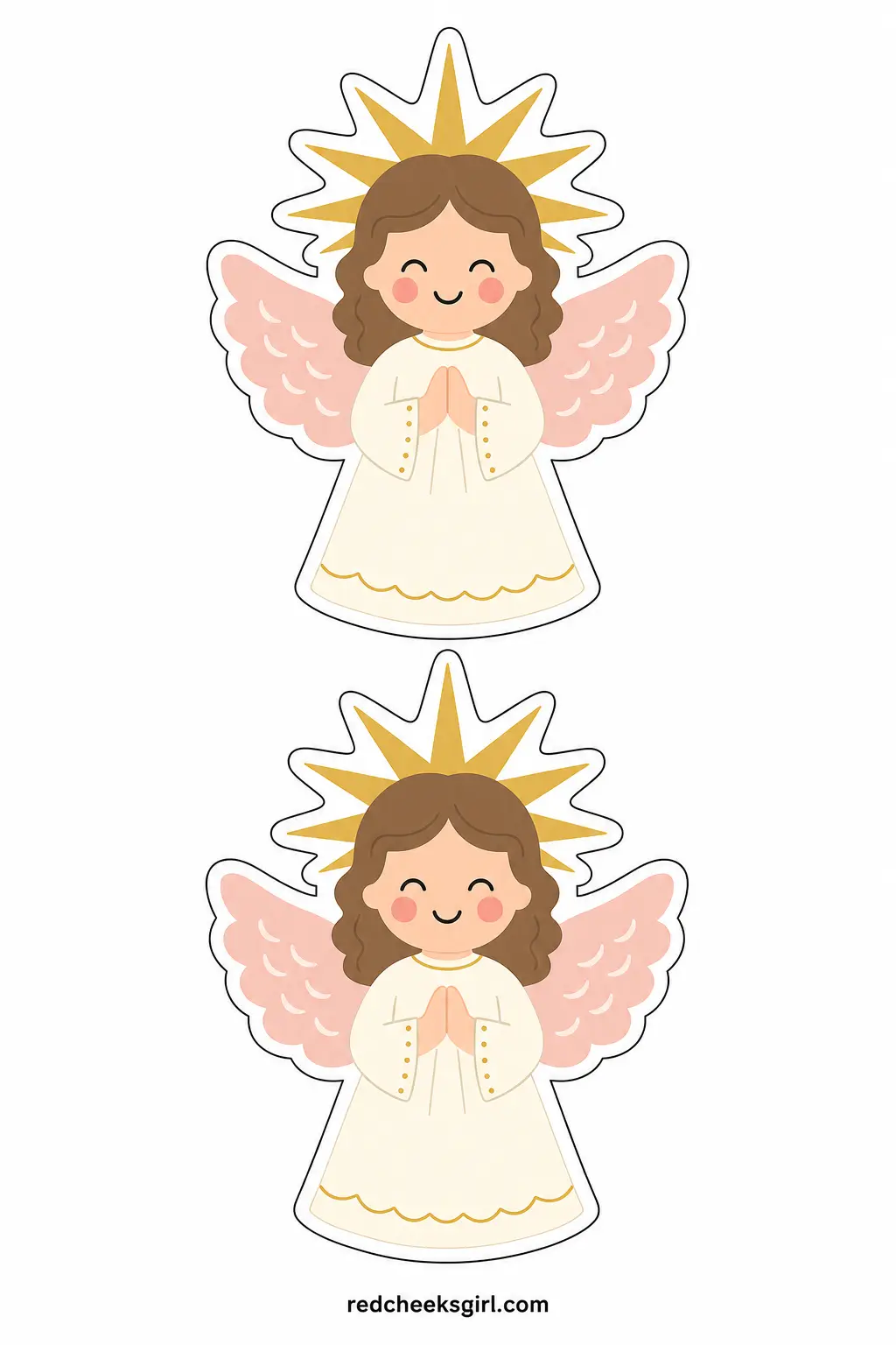 Kitschy Angel printable sheet — A round, rosy-cheeked angel face with a gold starburst halo and pastel pink wings, the kind that sat on top of the tree every