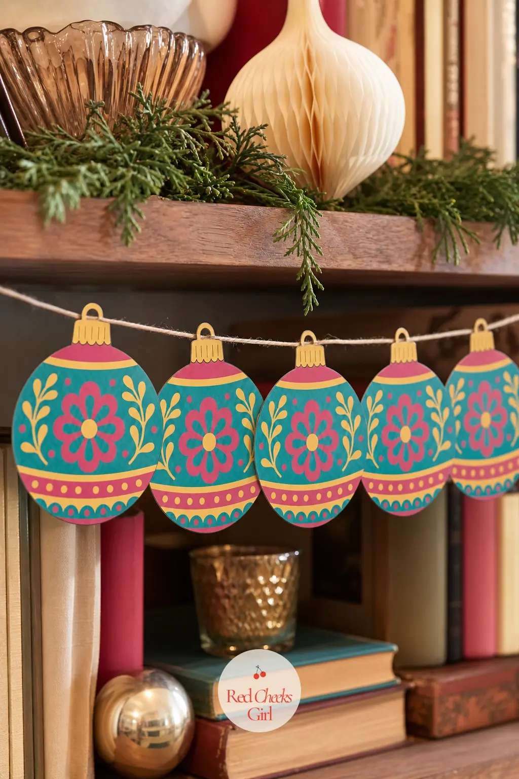 Mid-Century Glass Baubles — A rounded ornament shape painted in teal, amber and magenta with a little gold cap at the top, the way real hand-blown glass balls