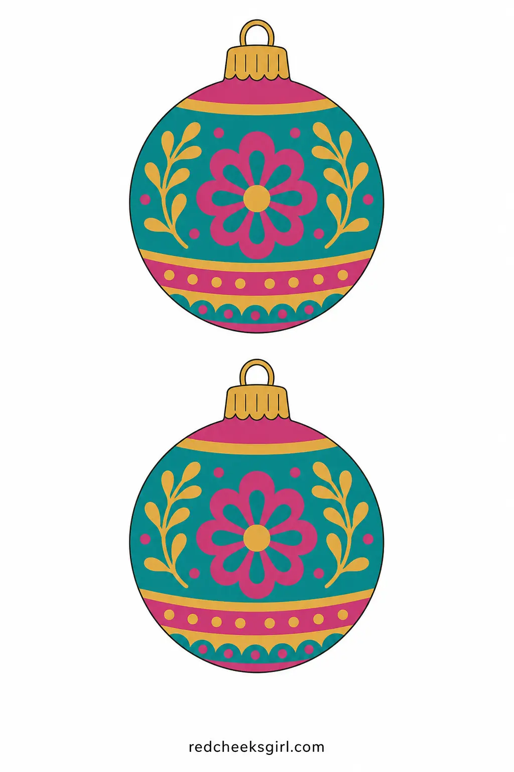 Mid-Century Glass Baubles printable sheet — A rounded ornament shape painted in teal, amber and magenta with a little gold cap at the top, the way real
