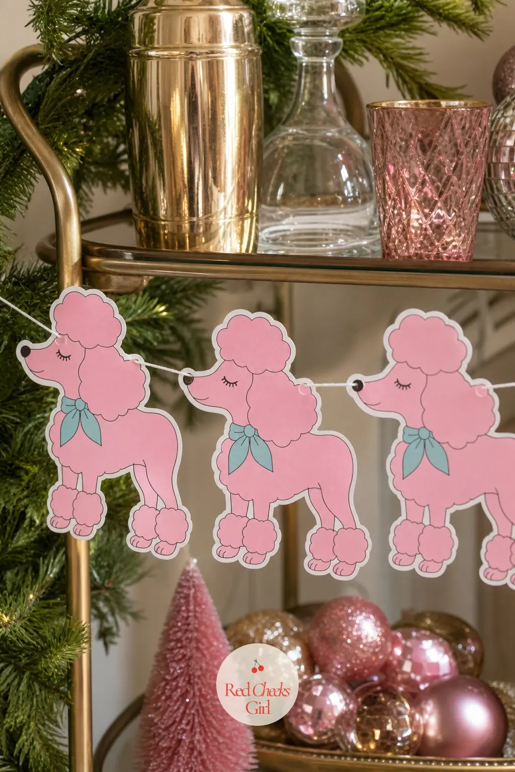 Pink Poodle in a Scarf — A pink poodle standing in profile with a fluffy pompom tail and an aqua scarf knotted at the neck, the one entry here that leans more