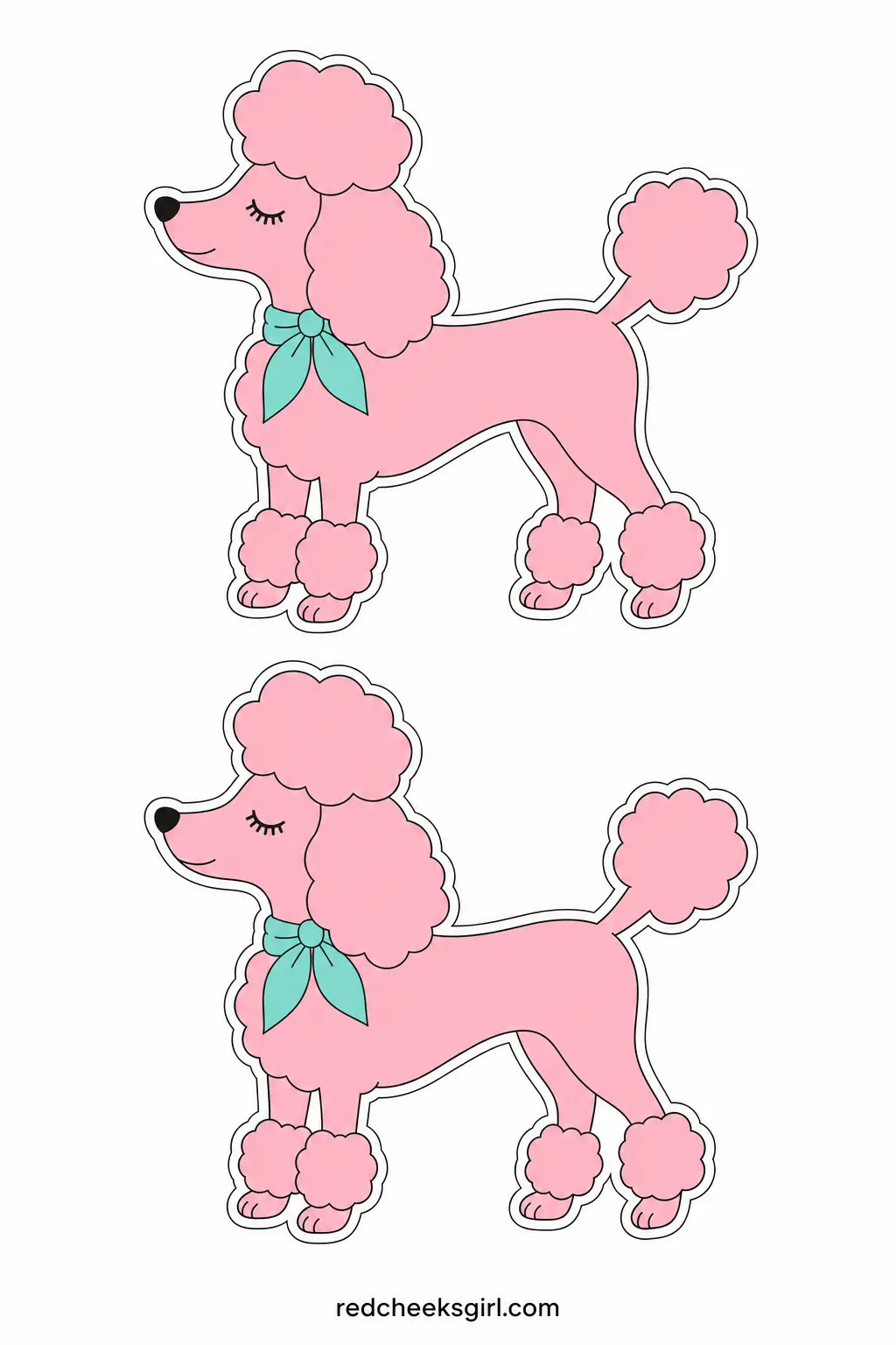 Pink Poodle in a Scarf printable sheet — A pink poodle standing in profile with a fluffy pompom tail and an aqua scarf knotted at the neck, the one entry here