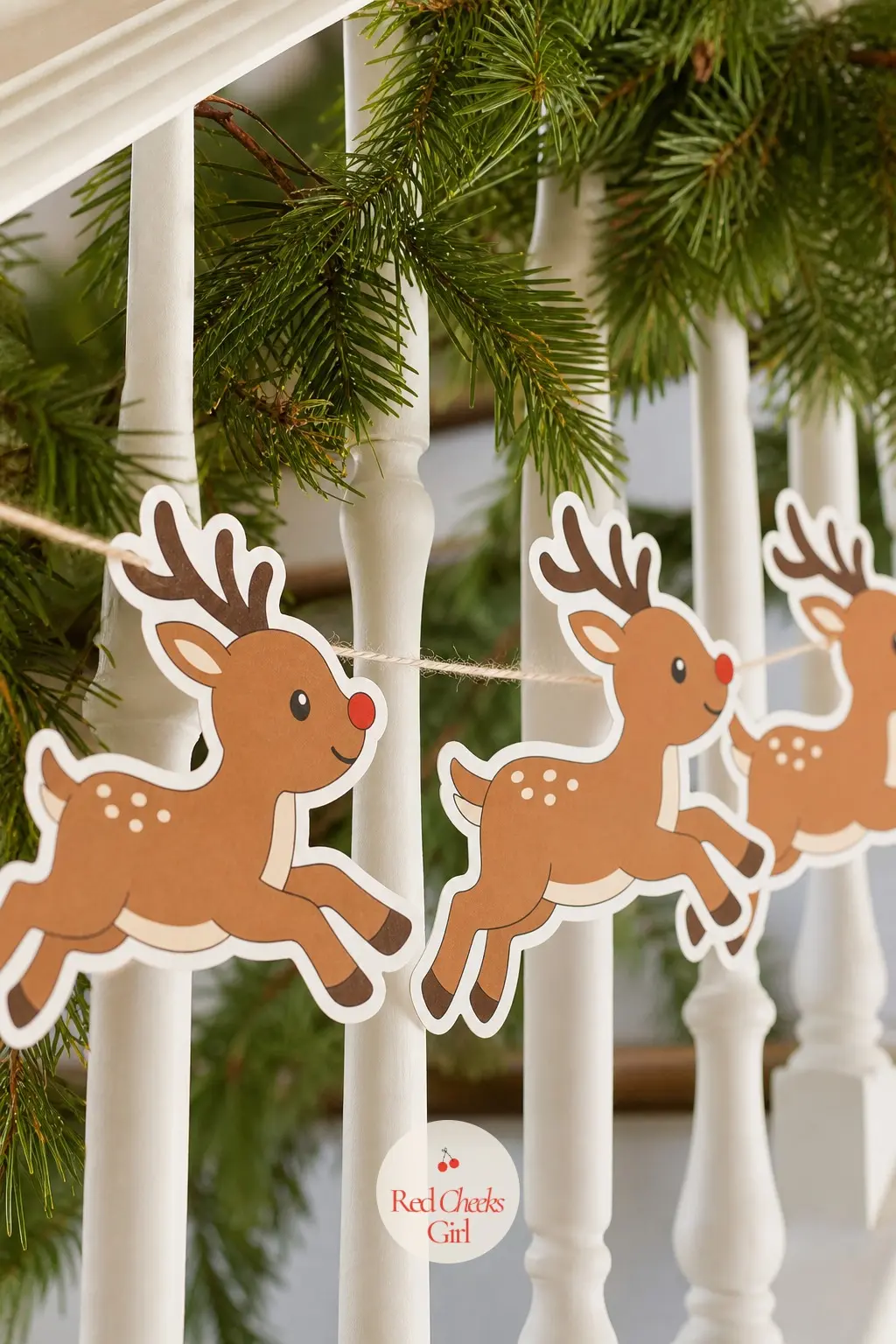 Retro Reindeer — A reindeer mid-stride in caramel brown with a cream belly and one small red nose, drawn in profile the way it shows up on mid-century wrapping