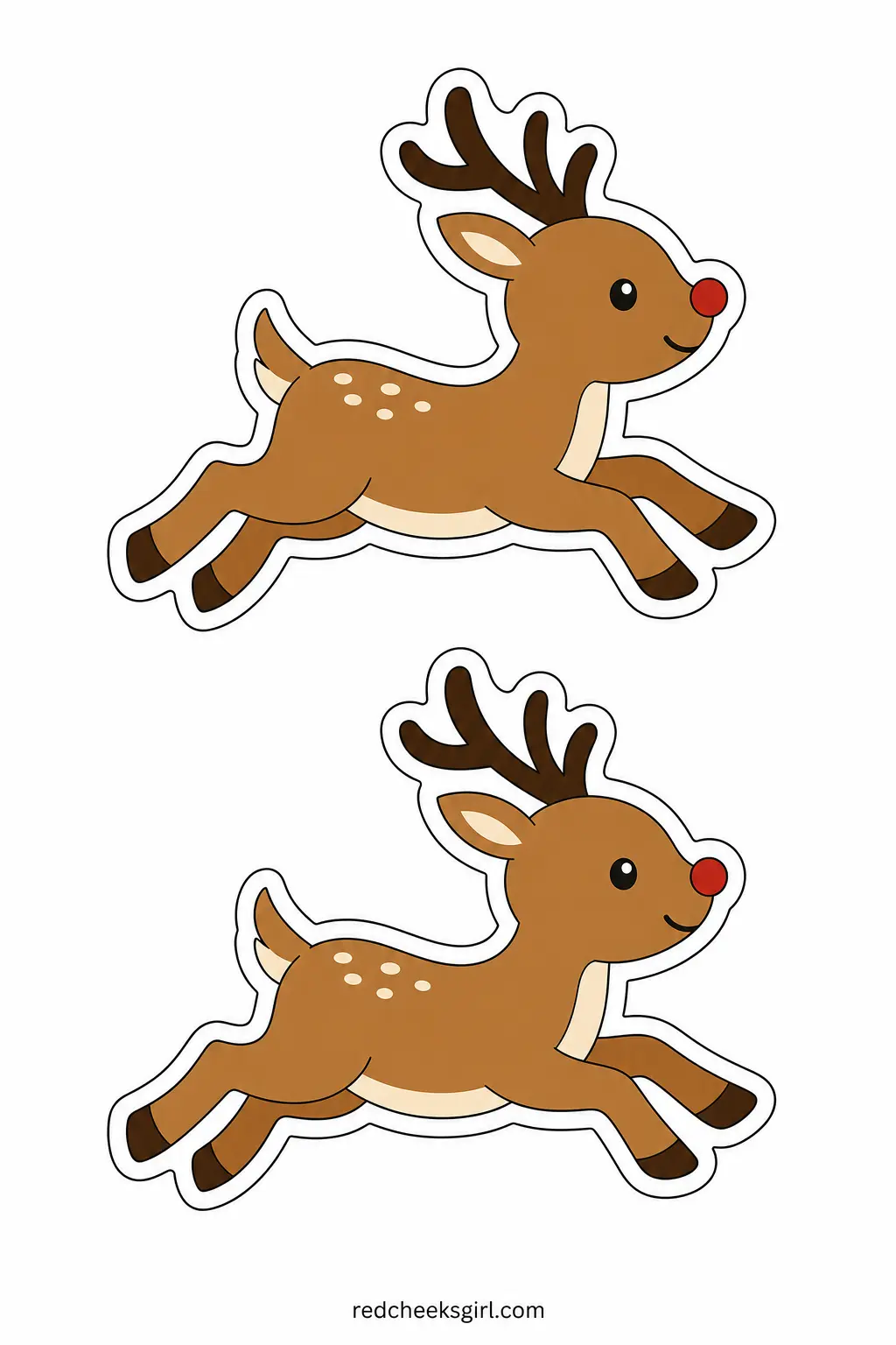 Retro Reindeer printable sheet — A reindeer mid-stride in caramel brown with a cream belly and one small red nose, drawn in profile the way it shows up on