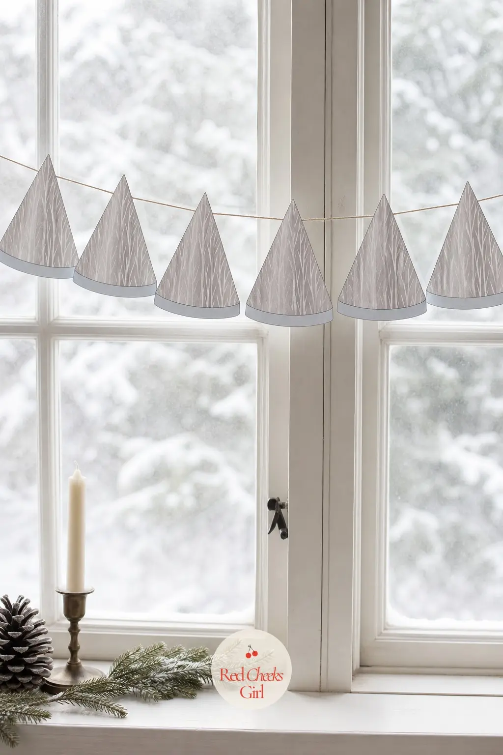 Silver Aluminum Trees — A simple cone-shaped tree in silver and pewter, drawn with the faint vertical streaks of real aluminum foil branches, pale ice blue at