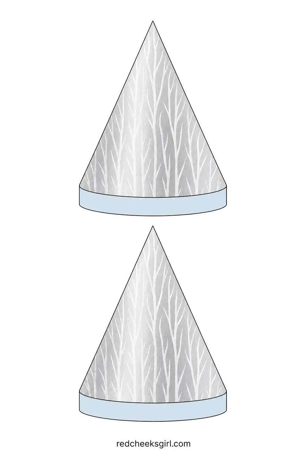 Silver Aluminum Trees printable sheet — A simple cone-shaped tree in silver and pewter, drawn with the faint vertical streaks of real aluminum foil branches