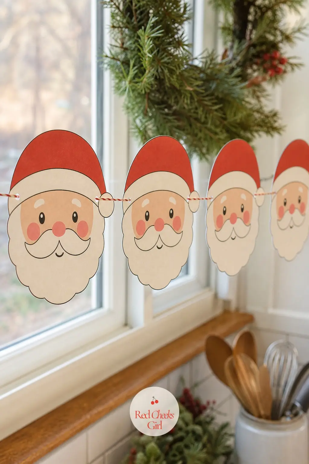 Vintage Santa Face — A round, friendly Santa face in red and cream with pink cheeks, closer to a greeting card illustration than a department store mall Santa.