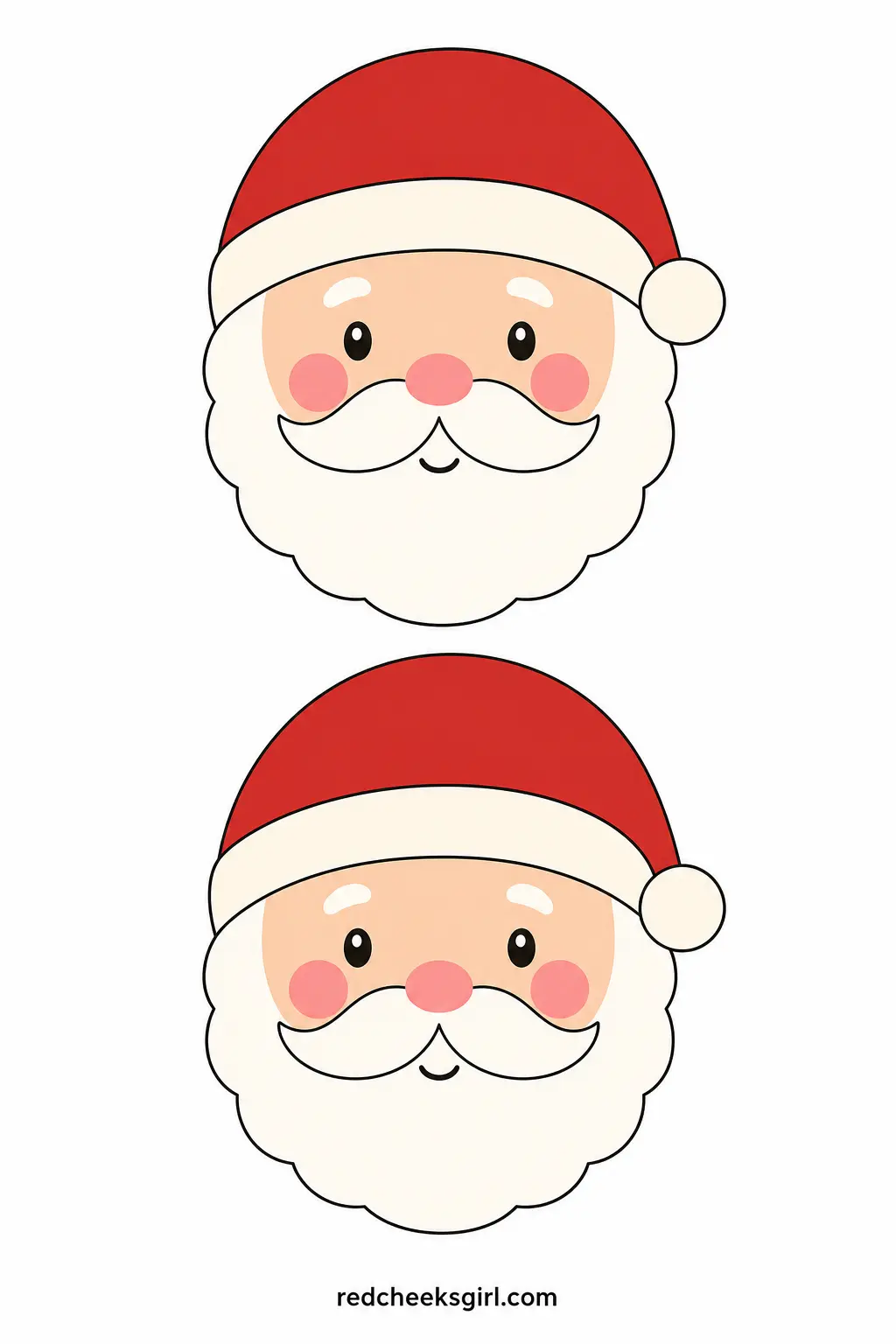 Vintage Santa Face printable sheet — A round, friendly Santa face in red and cream with pink cheeks, closer to a greeting card illustration than a department