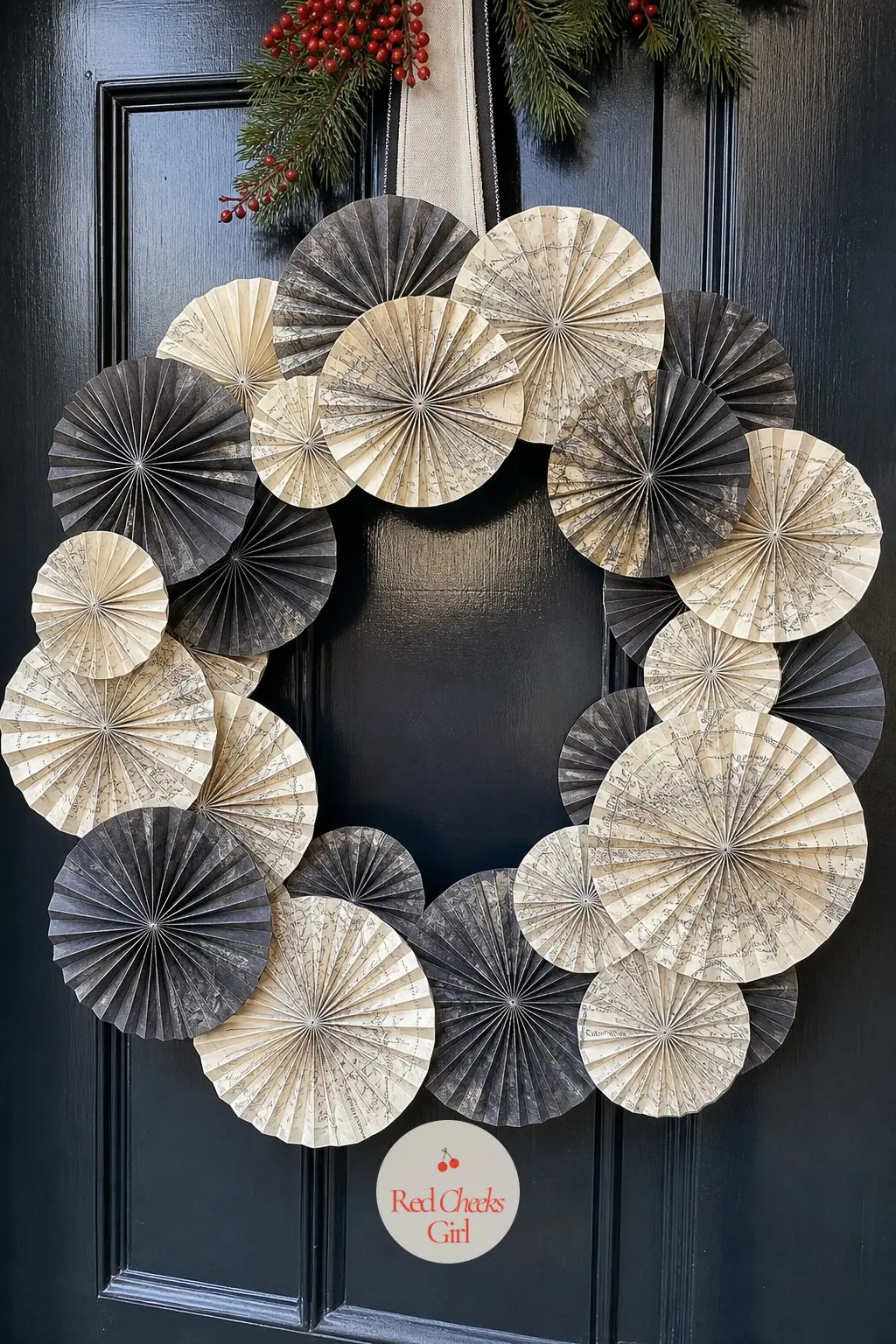 The Charcoal and Ivory Vintage Map Medallion Wreath for the Study Door — Folded map pages, charcoal print on ivory paper, become flat medallions overlapped