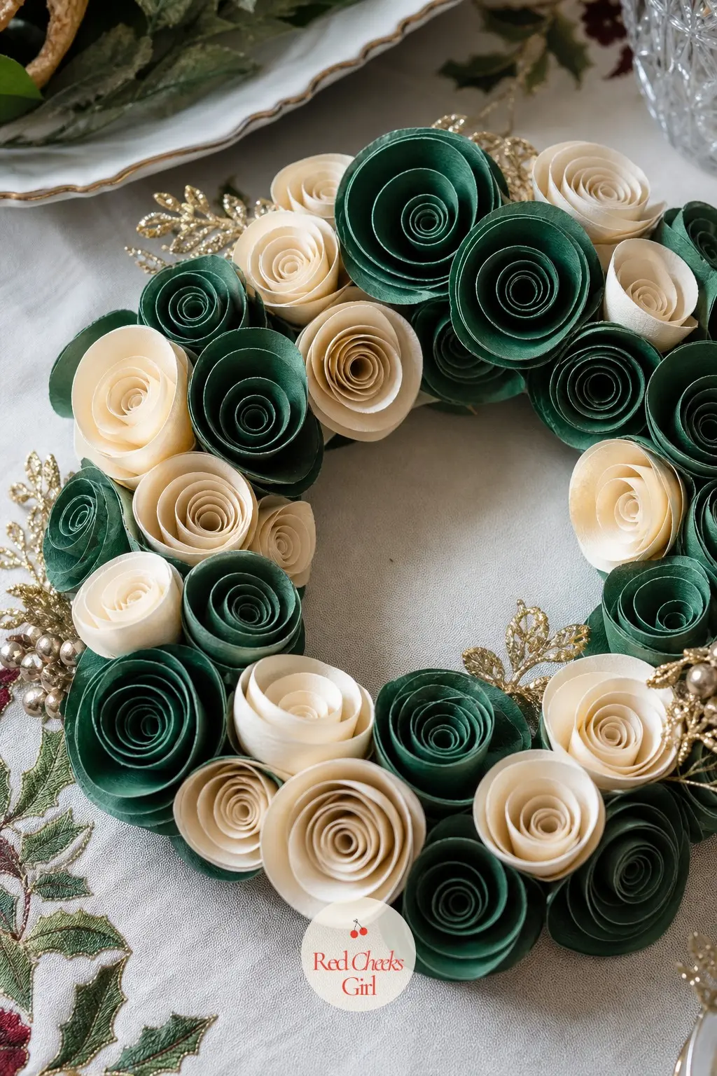 The Emerald and Cream Rolled Paper Rose Wreath for the Buffet Table — Strips of emerald and cream paper roll into roses one petal at a time, curled at the edge