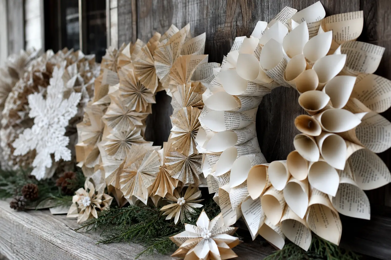 20 Paper Christmas Wreaths Made From Book Pages, Snowflakes and Folded Stars