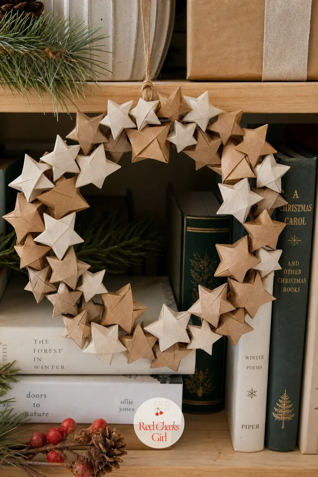 The Kraft Brown and Cream Origami Star Wreath for the Reading Nook — Small folded lucky stars, kraft brown next to plain cream, get strung tight onto wire