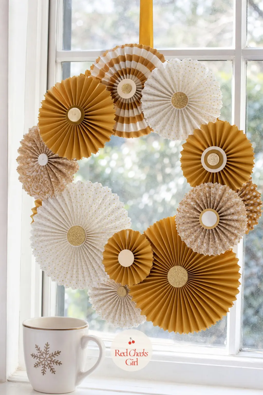 The Mustard and Cream Accordion Rosette Wreath for the Breakfast Nook — Mustard and cream paper strips pleat into tight accordion folds, then pinch at the