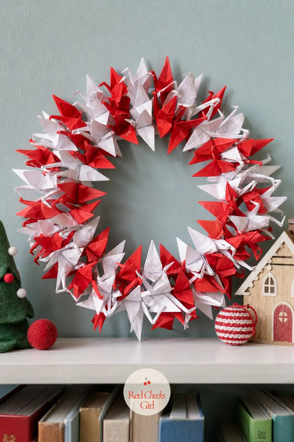 The Red and White Origami Crane Wreath for the Nursery Shelf — Dozens of small folded paper cranes, red and white alternating, link wingtip to wingtip until