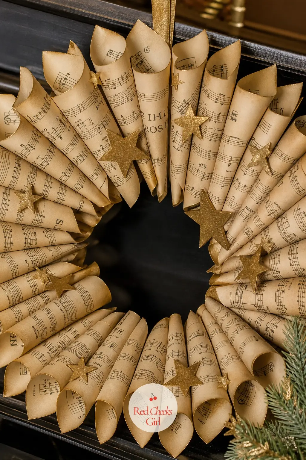 The Sepia and Gold Sheet Music Cone Wreath for the Piano Corner — Sheet music pages roll into small cones, sepia paper tipped with a few gold paper stars where
