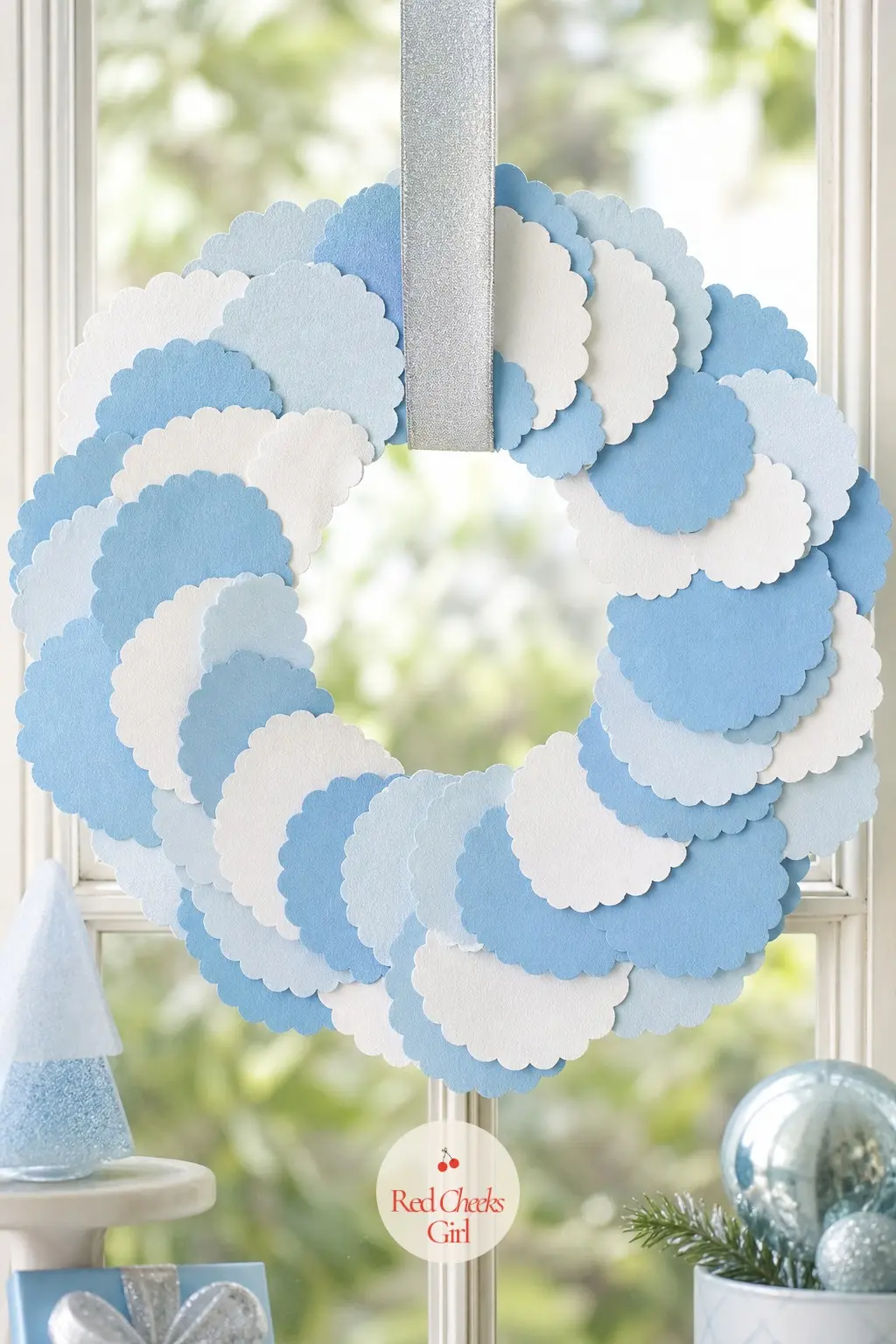 The Sky Blue and White Scalloped Paper Circle Wreath for the Sunroom — Graduated circles of sky blue and white paper, each edge scalloped with a craft punch