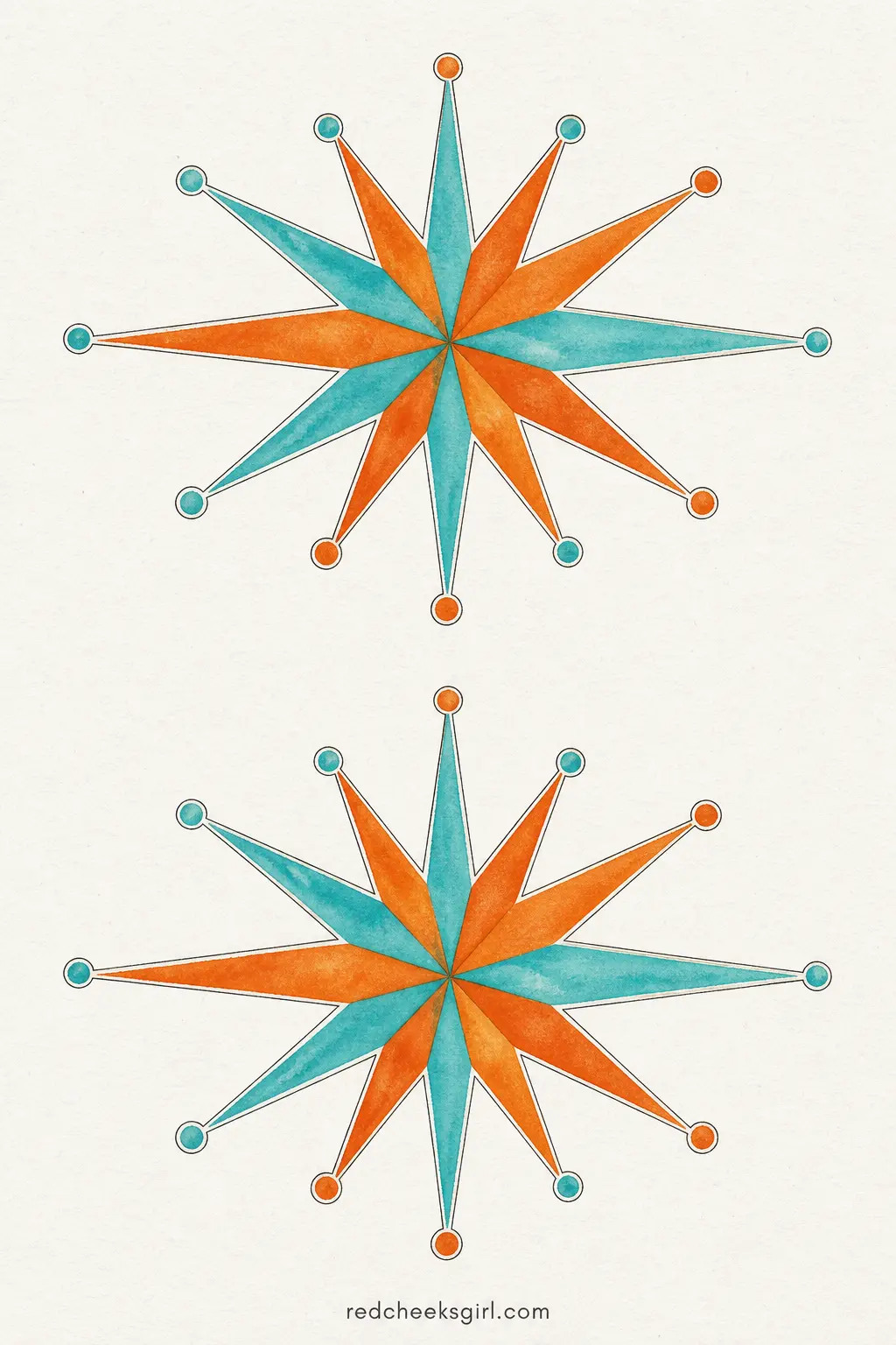 1950s Atomic Starbursts printable sheet — Not a classic star at all, this one is a sputnik-style burst with thin spiked rays and a small circle at the tip of