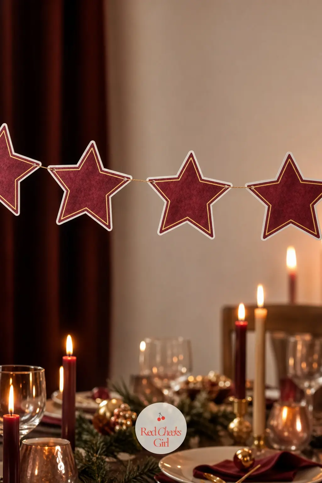 Burgundy and Gold Stars — A deep burgundy star edged in a thin gold line, closer to jewelry than to craft paper, suited to an evening holiday party with