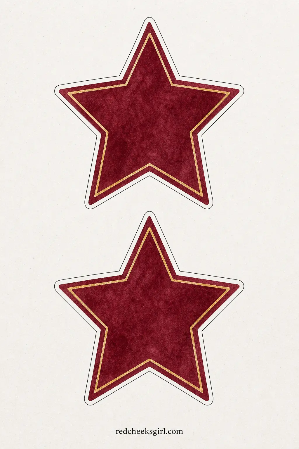 Burgundy and Gold Stars printable sheet — A deep burgundy star edged in a thin gold line, closer to jewelry than to craft paper, suited to an evening holiday