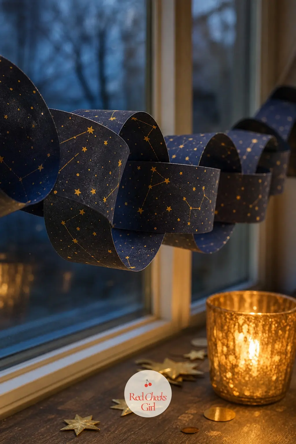 Navy Constellation Stars — A paper chain on deep navy cardstock, each strip printed with tiny gold stars joined by thin constellation lines, the same density
