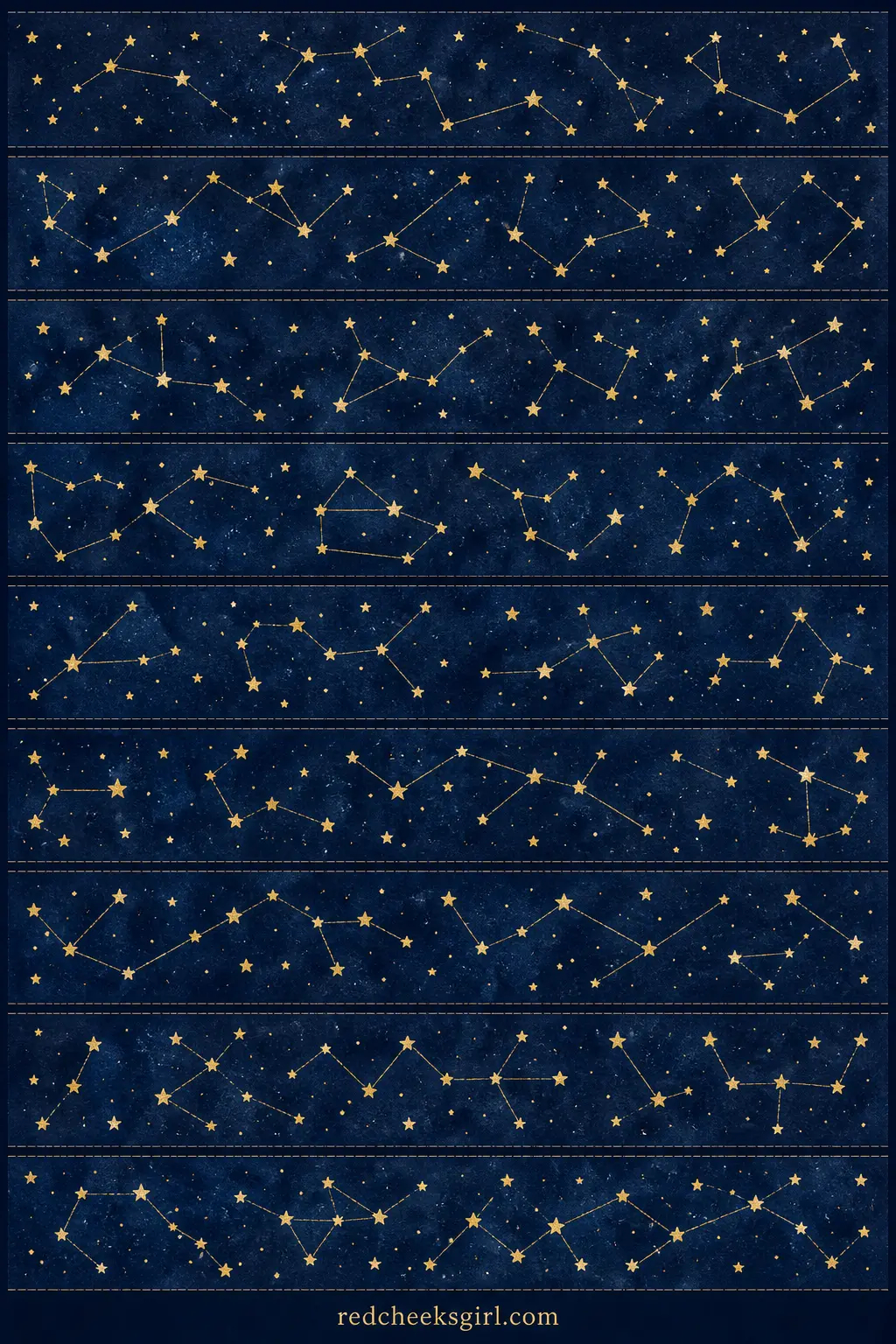 Navy Constellation Stars printable sheet — A paper chain on deep navy cardstock, each strip printed with tiny gold stars joined by thin constellation lines