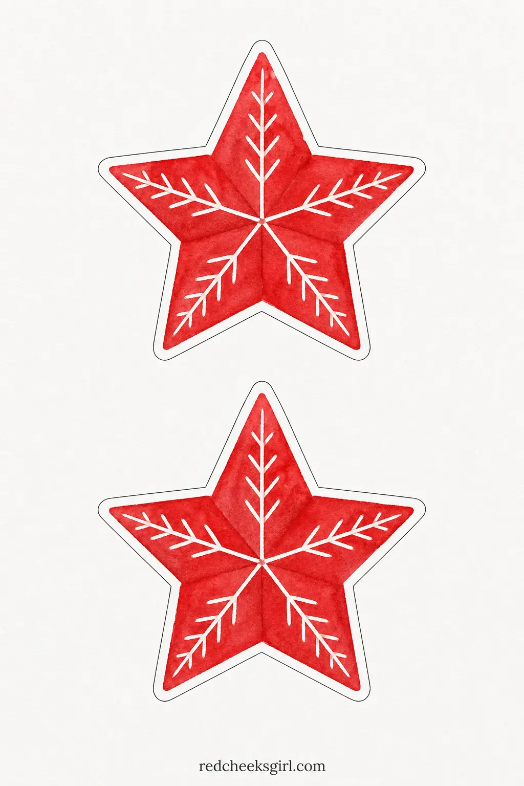 Scandinavian Red and White Stars printable sheet — A red star with a thin white folk-art line running through the center of each point, the kind of pared-back
