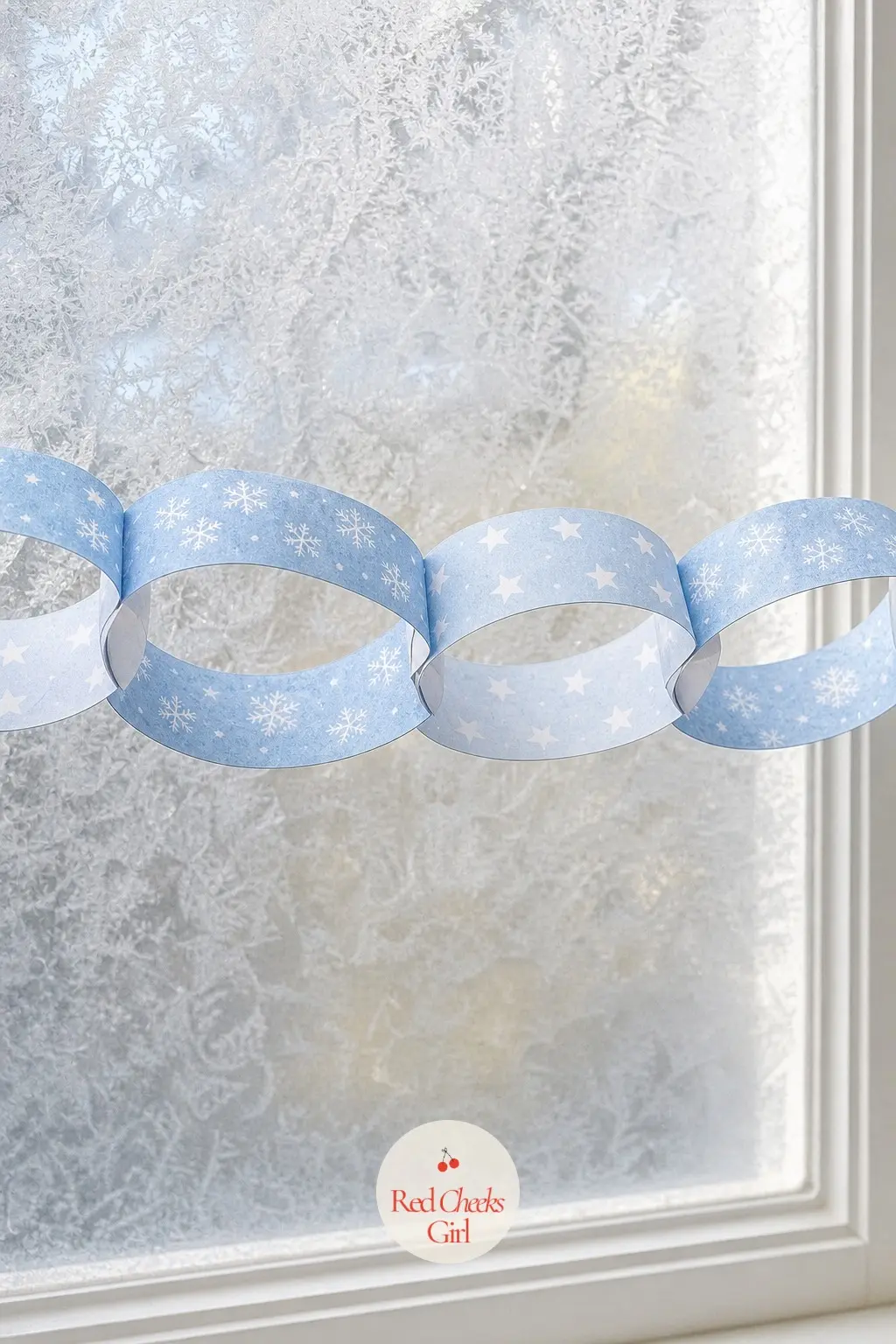 Snowflake-Patterned Stars — A paper chain on an icy pale blue ground, each strip alternating a band of delicate white snowflakes with a band of small white