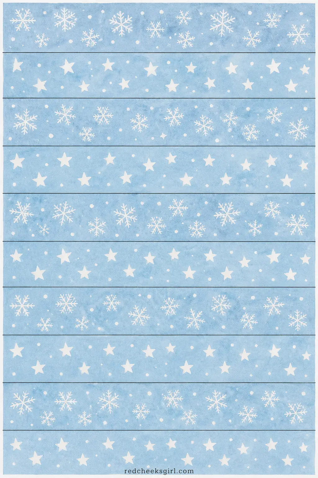 Snowflake-Patterned Stars printable sheet — A paper chain on an icy pale blue ground, each strip alternating a band of delicate white snowflakes with a band of