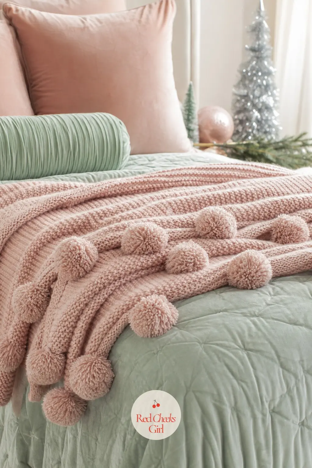 The Bed, Layered in a Pom-Pom Throw — A pom-pom throw folds across the foot of the bed over blush euro shams and a mint velvet quilt, the smallest and softest