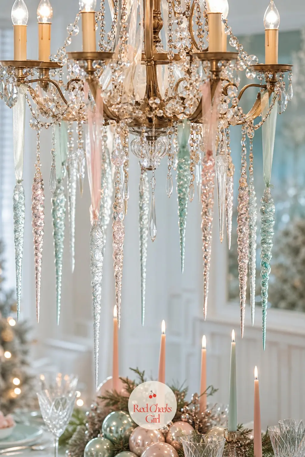The Chandelier, Hung with Glass Icicles in Mint and Blush — Two dozen glass icicle ornaments hang from the dining chandelier on short lengths of pastel ribbon