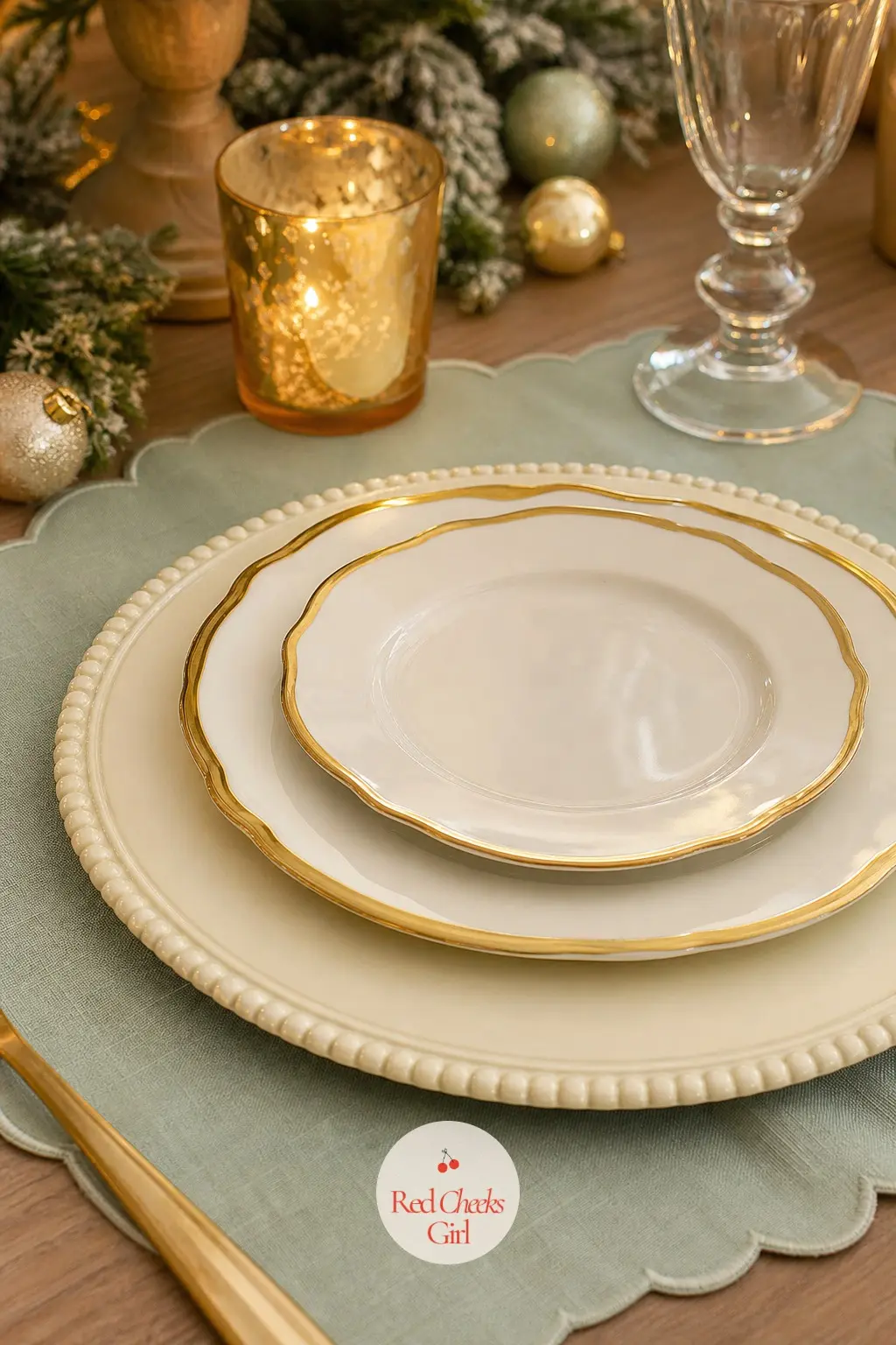 The Charger Plates, Stacked in Buttercream and Gold — Eight buttercream chargers go down first, one per setting, with a gold-rimmed dinner plate centred on