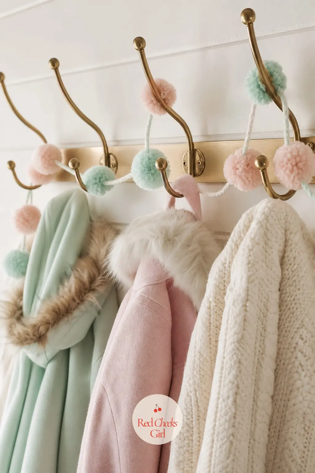 The Coat Hooks, Hung with a Pom-Pom Garland — Nine feet of pom-pom garland drapes loosely along the row of coat hooks, brass hardware showing through rather