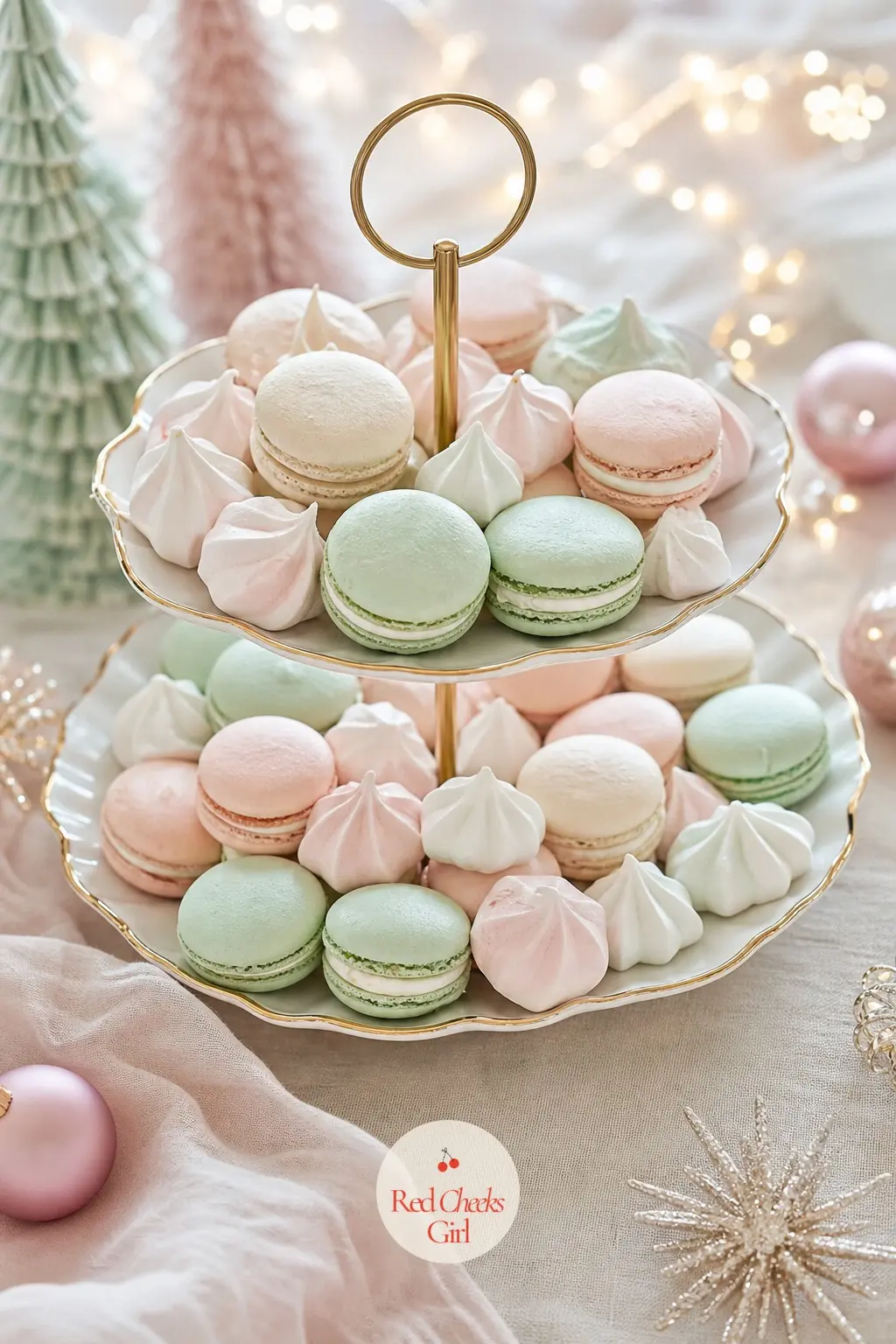 The Dessert Table, Set with Macarons and Meringue Kisses — A tiered stand carries macarons in mint, blush and buttercream, meringue kisses piled underneath in