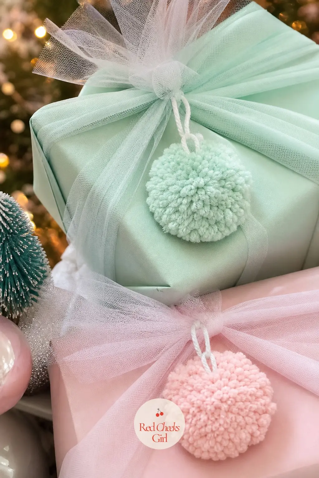 The Gift Tags, Cut into Candy-Colored Pom-Pom Shapes — Each wrapped parcel under the tree gets a small pom-pom shaped gift tag instead of the usual rectangle