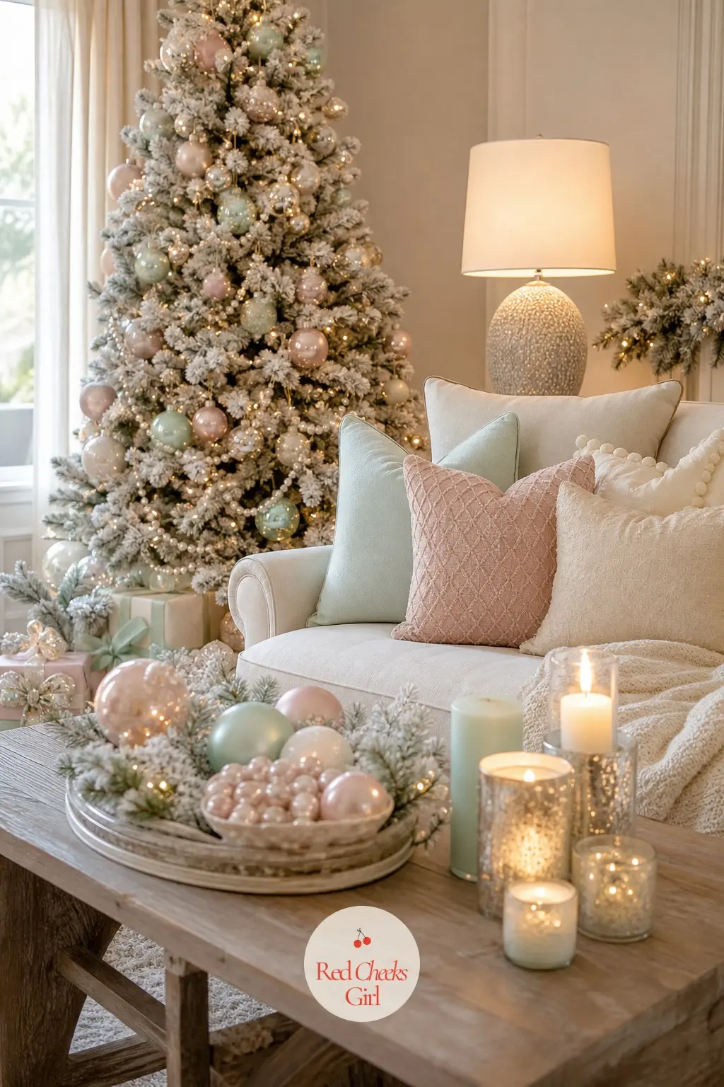 The Great Room, Wrapped in Mint, Blush and Buttercream — The tree stands flocked and lit inside a room dressed the same three shades it wears, mint cushions on