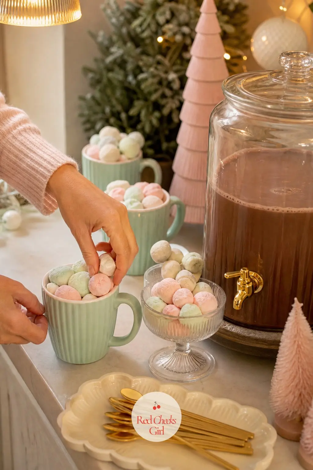 The Hot Cocoa Station, Topped with Pastel Marshmallow Pom-Poms — A cocoa dispenser sits beside a row of mint mugs, each cup topped with a cluster of pastel