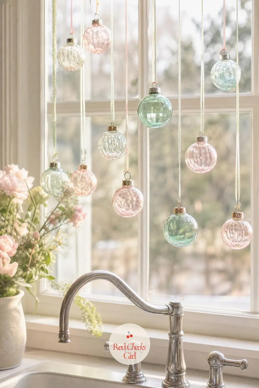 The Kitchen Window, Strung with Pastel Glass Ball Ornaments — A dozen small glass ball ornaments hang at different lengths from a tension rod across the