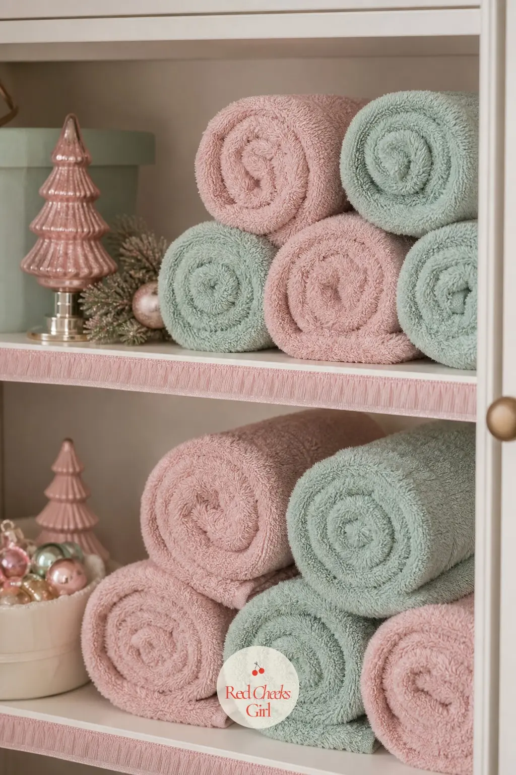 The Linen Closet Shelf, Stacked in Blush and Mint Towels — A single visible shelf in the linen closet gets restacked for the season in blush and mint towels